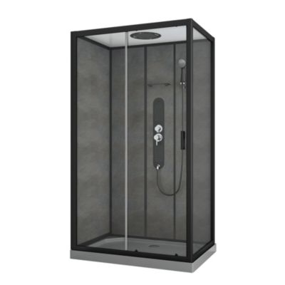 Cabine de douche, paroi fond verre effet béton, receveur extra-plat acrylique gris renforcé 120x80x11 cm Sero Allibert