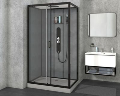 Cabine de douche, paroi fond verre effet béton, receveur extra-plat acrylique gris renforcé 120x80x11 cm Sero Allibert