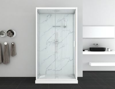 Cabine de douche, paroi fond verre effet marbre blanc, receveur extra-plat acrylique blanc renforcé 120x80x11 cm Enorh Allibert