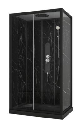 Cabine de douche, paroi fond verre effet marbre noir, receveur extra-plat acrylique noir renforcé 120x80x11 cm Alep Allibert