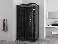 Cabine de douche, paroi fond verre effet marbre noir, receveur extra-plat acrylique noir renforcé 120x80x11 cm Alep Allibert