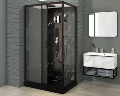 Cabine de douche, paroi fond verre effet marbre noir, receveur extra-plat acrylique noir renforcé 120x80x11 cm Alep Allibert