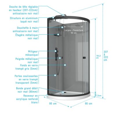 Cabine de douche quart de cercle avec mitigeur mécanique 90 x 90 cm, gris et blanc, Galedo Grey Touch