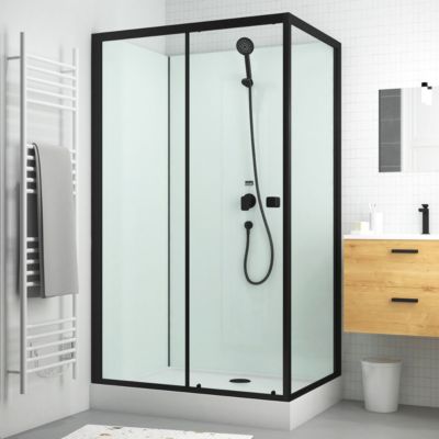 Cabine de douche rectangulaire 110x80x197 cm - Porte coulissante - Fonds Blancs & Profilés Noir Mat