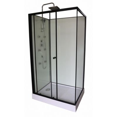 Cabine de douche rectangulaire INDUSTRY 2.0 Sanitaire 80x110 cm, aluminium noir mat, fond vert d'eau, hydromassante