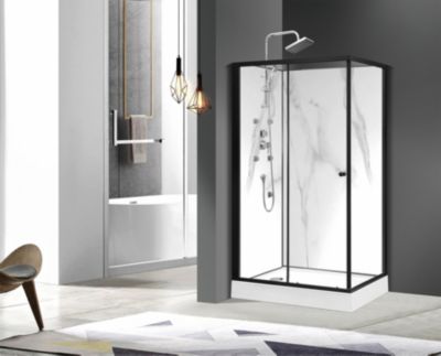 Cabine de douche rectangulaire INDUSTRY Marble Sanitaire 80x110 cm, aluminium noir mat, fond effet marbre, hydromassante