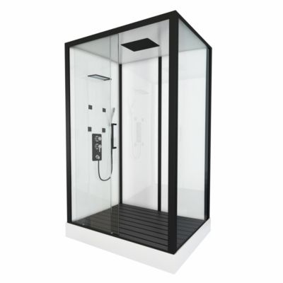 Cabine de douche rectangulaire STREET Sanitaire 90x115 cm, aluminium noir mat, toit en verre et 4 buses de massage