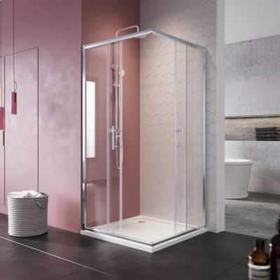 Cabine de Douche SIRHONA 100x100x185cm Double Porte Coulissante + Entrée d'angle + Verre trempé 6 mm + Argent Brillant