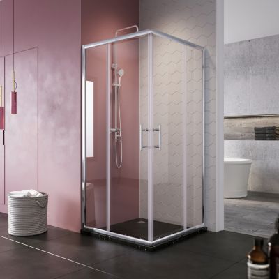 Cabine de Douche SIRHONA 120x120x185cm Double Porte Coulissante + Entrée d'angle + Verre trempé 6 mm + Argent Brillant