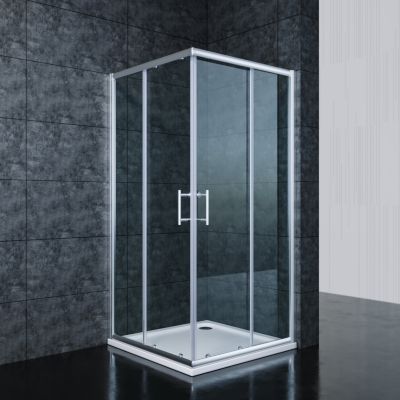 Cabine de douche SIRHONA 80x80x185cm Porte Coulissante Double + Entrée d'angle + Verre trempé 6 mm + Argent Brillant