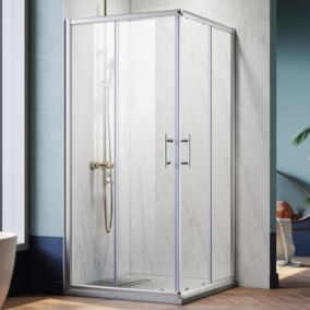 Cabine de Douche SIRHONA 90x90x185cm Porte Coulissante Double + Entrée d'angle + Verre trempé 6 mm + Argent Brillant