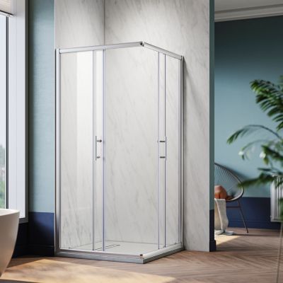 Cabine de Douche SIRHONA 90x90x185cm Porte Coulissante Double + Entrée d'angle + Verre trempé 6 mm + Argent Brillant