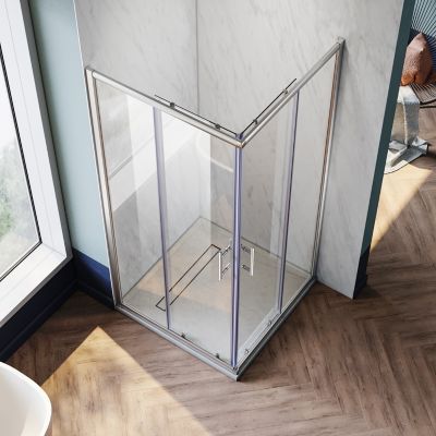 Cabine de Douche SIRHONA 90x90x185cm Porte Coulissante Double + Entrée d'angle + Verre trempé 6 mm + Argent Brillant