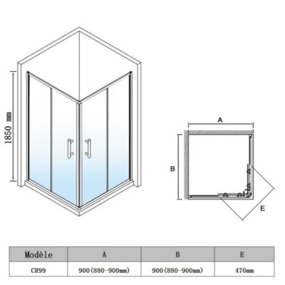 Cabine de Douche SIRHONA 90x90x185cm Porte Coulissante Double + Entrée d'angle + Verre trempé 6 mm + Argent Brillant
