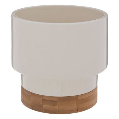 Cache-pot "Le collectionneur" en céramique & bambou H16cm blanc - Atmosphera