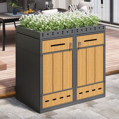 Cache-poubelle double 2x240L avec jardinière - acier laminé à froid aspect bois - portes verrouillables - gris et naturel