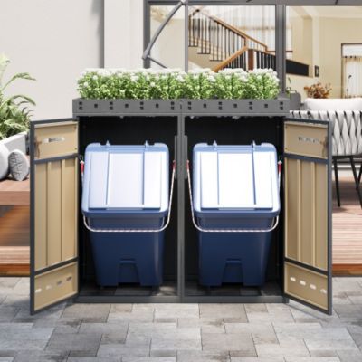 Cache-poubelle double 2x240L avec jardinière - acier laminé à froid aspect bois - portes verrouillables - gris et naturel