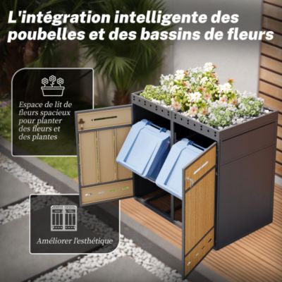 Cache-poubelle double 2x240L avec jardinière - acier laminé à froid aspect bois - portes verrouillables - gris et naturel