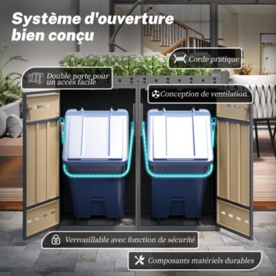 Cache-poubelle double 2x240L avec jardinière - acier laminé à froid aspect bois - portes verrouillables - gris et naturel
