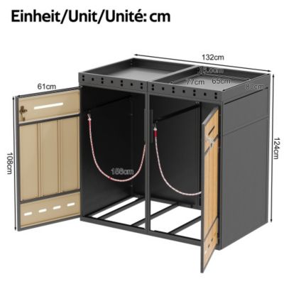 Cache-poubelle double 2x240L avec jardinière - acier laminé à froid aspect bois - portes verrouillables - gris et naturel