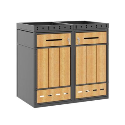 Cache-poubelle double 2x240L avec jardinière - acier laminé à froid aspect bois - portes verrouillables - gris et naturel
