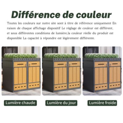 Cache-poubelle double 2x240L avec jardinière - acier laminé à froid aspect bois - portes verrouillables - gris et naturel