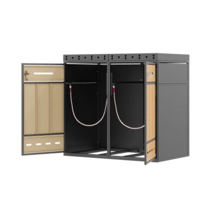Cache-poubelle double 2x240L avec jardinière - acier laminé à froid aspect bois - portes verrouillables - gris et naturel
