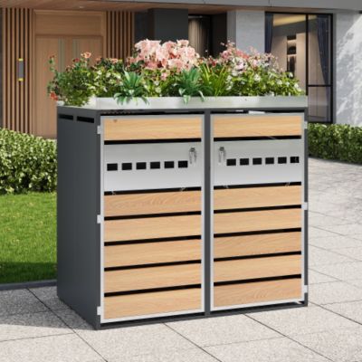 Cache-poubelle double 2x240L avec jardinière - bande ventilée - acier galvanisé - gris anthracite