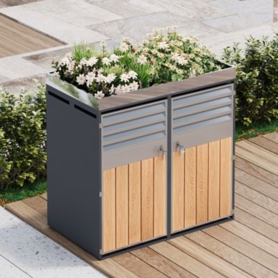 Cache-poubelle double 2x240L avec jardinière - design persienne ventilé - acier galvanisé aspect bois - verrouillable - gris