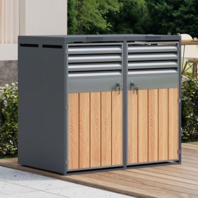 Cache-poubelle double 2x240L - couvercle hydraulique - portes persiennes - acier galvanisé aspect bois - gris