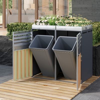 Cache-poubelle extérieur en acier gris aspect bois avec bac à plantes et 2 portes