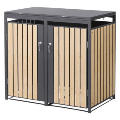 Cache poubelle pour 2 bacs - ML-Design - 240L - en Acier Anthracite/Aspect bois, couvercle et porte