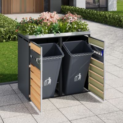 Cache-poubelles double en acier galvanisé gris et décor bois avec bac à plantes