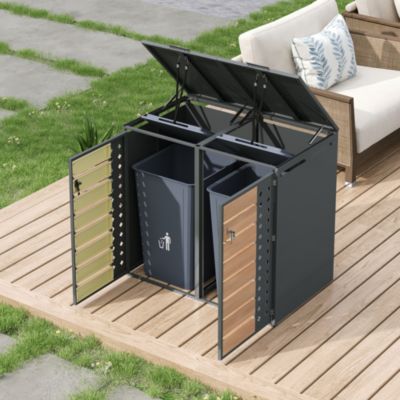 Cache-poubelles extérieur 2 bacs en acier gris et effet bois avec couvercle hydraulique