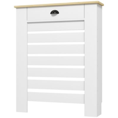 Cache-radiateur design panneau avec tiroir lattes horizontales dim. 78 x 19 x 95 cm effet bois clair blanc