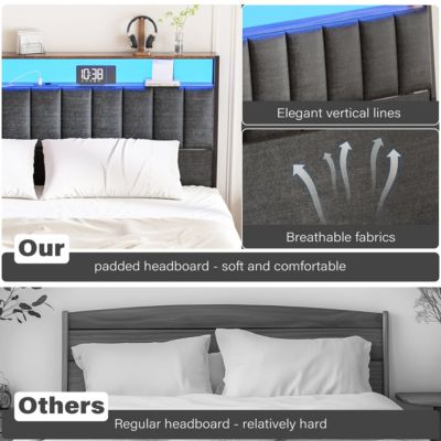 Lit Double Avec Rangement & LED - 140x200 Cm - 4 Tiroirs, Multiprise USB, Tête De Lit Rembourrée - Montage Facile