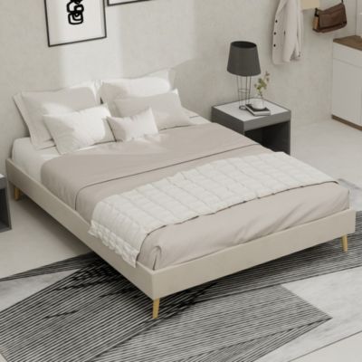 Cadre de lit 140x200 cm en velours beige, style moderne minimaliste, sans tête de lit ni matelas