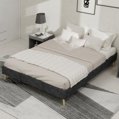 Cadre de lit 140x200 cm en velours gris, style moderne minimaliste, sans matelas