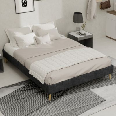 Cadre de lit 140x200 cm en velours gris, style moderne minimaliste, sans matelas