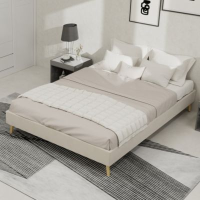 Cadre de lit 140x200 cm, velours beige, style minimaliste, base basse, mobilier chambre moderne