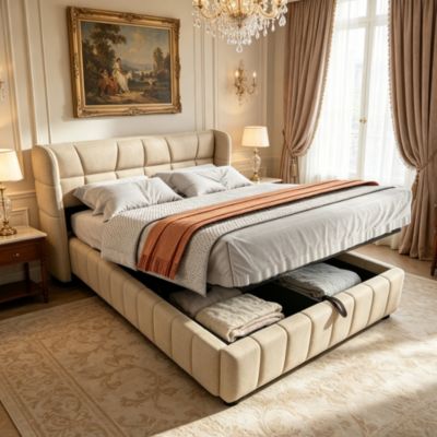 Cadre de lit coffre 140x200 cm, structure métal stable, grand espace de rangement sous le matelas