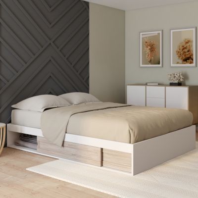 Cadre de lit double SALEM avec rangements et sommier 140 x 190 cm blanc et façon hêtre