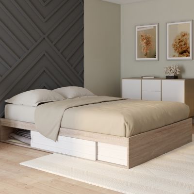 Cadre de lit double SALEM avec rangements et sommier 140 x 190 cm façon hêtre et blanc