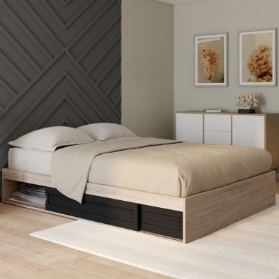 Cadre de lit double SALEM avec rangements et sommier 140 x 190 cm façon hêtre et noir