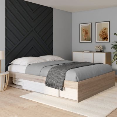 Cadre de lit double SALEM avec rangements et sommier 160 x 200 cm façon hêtre et blanc