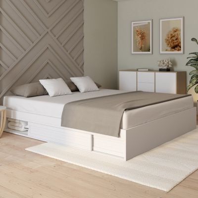 Cadre de lit double SALEM avec rangements et sommier 180 x 200 cm blanc