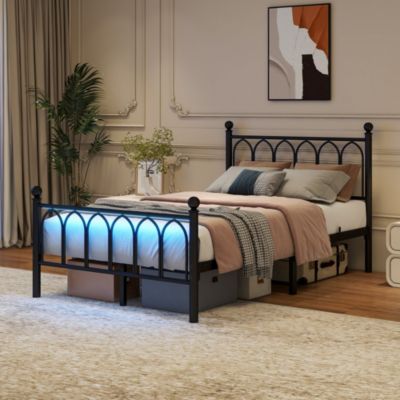 Cadre de lit en métal 120x200 cm avec tête de lit vintage, port USB et LED, rangement sous lit, noir