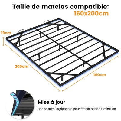 Cadre de lit en métal avec LED et Prises, lit Adolescents 160x200, Application télécommande, Supporte 180 kg