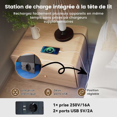 Cadre de lit en métal avec LED et Prises, lit Adolescents 160x200, Application télécommande, Supporte 180 kg