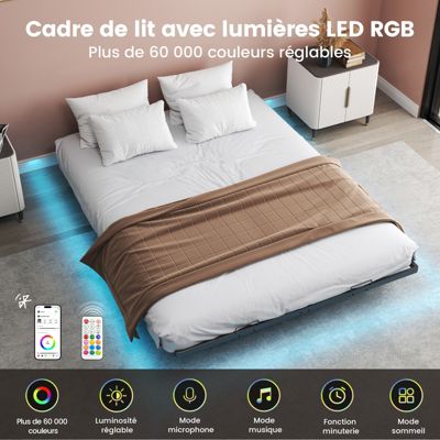 Cadre de lit en métal avec LED et Prises, lit Adolescents 160x200, Application télécommande, Supporte 180 kg
